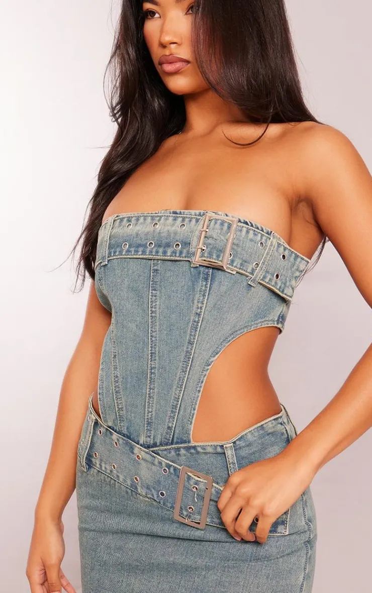 Belt Detail Cut Out Bandeau Denim Dress-PrettyLittleThing Discount