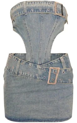 Belt Detail Cut Out Bandeau Denim Dress-PrettyLittleThing Discount