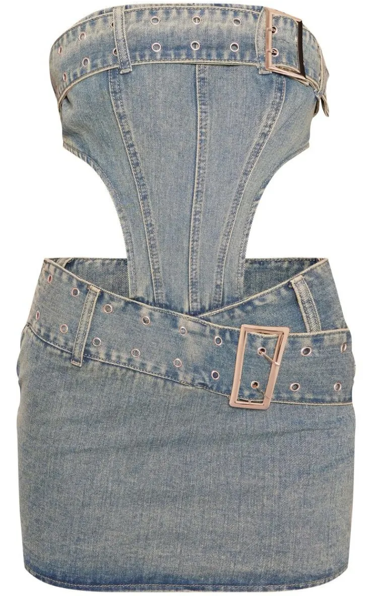 Belt Detail Cut Out Bandeau Denim Dress-PrettyLittleThing Discount