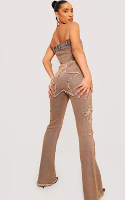 Vintage Wash Orange Tint Raw Hem Star Embroidery Flared Jeans