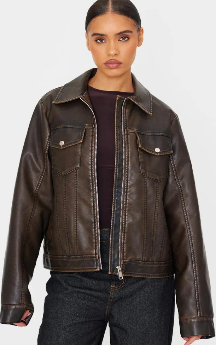 PrettyLittleThing Faux Leather Jackets*Faux Leather Brushed Seams Biker Jacket