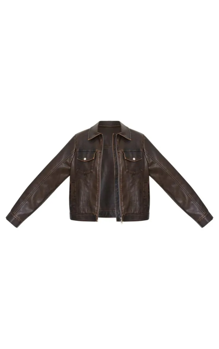 PrettyLittleThing Faux Leather Jackets*Faux Leather Brushed Seams Biker Jacket