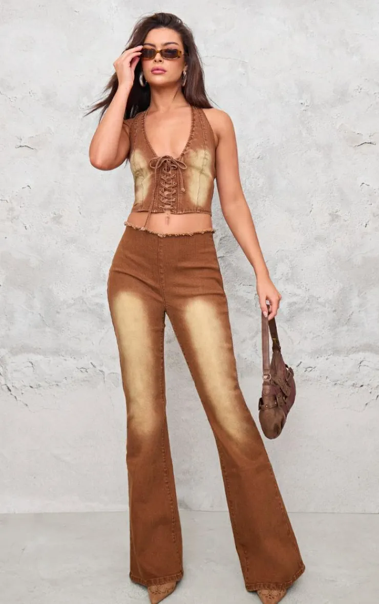 Sale PrettyLittleThing Lace Up Denim Jeans Washed Brown