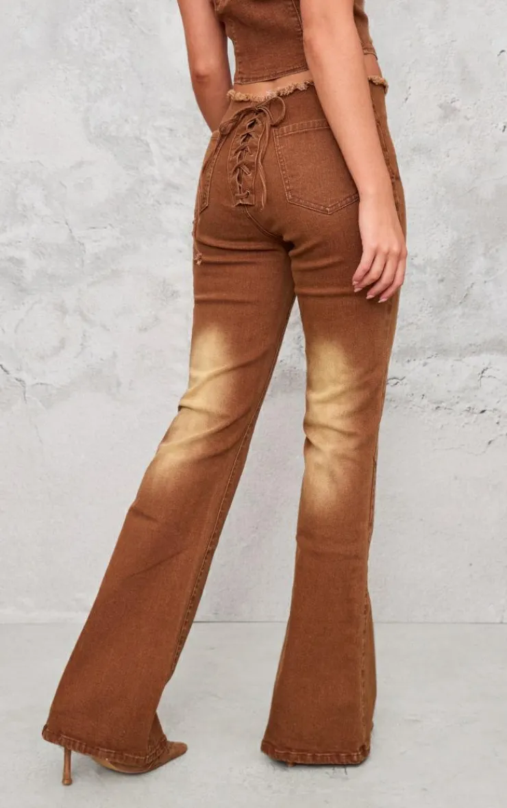 Sale PrettyLittleThing Lace Up Denim Jeans Washed Brown