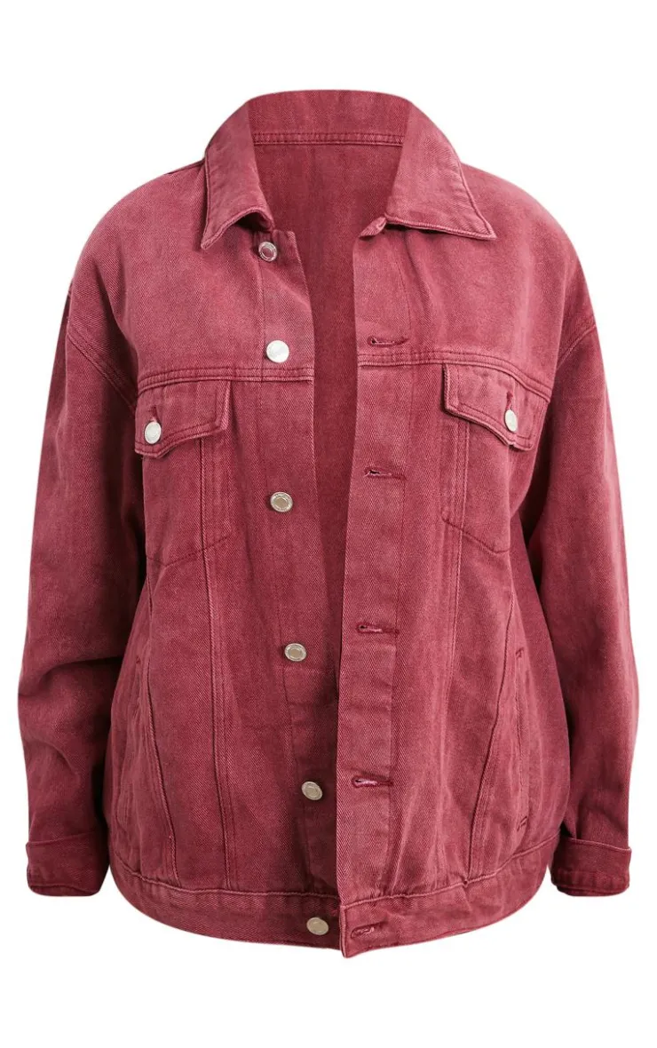 Sale PrettyLittleThing Washed Oversized Boyfriend Denim Jacket Burgundy