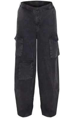 Discount PrettyLittleThing Twill Pocket Detail Wide Leg Cargo Pants Washed Charcoal