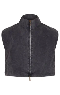 Best PrettyLittleThing Twill Zip Up Top Washed Charcoal