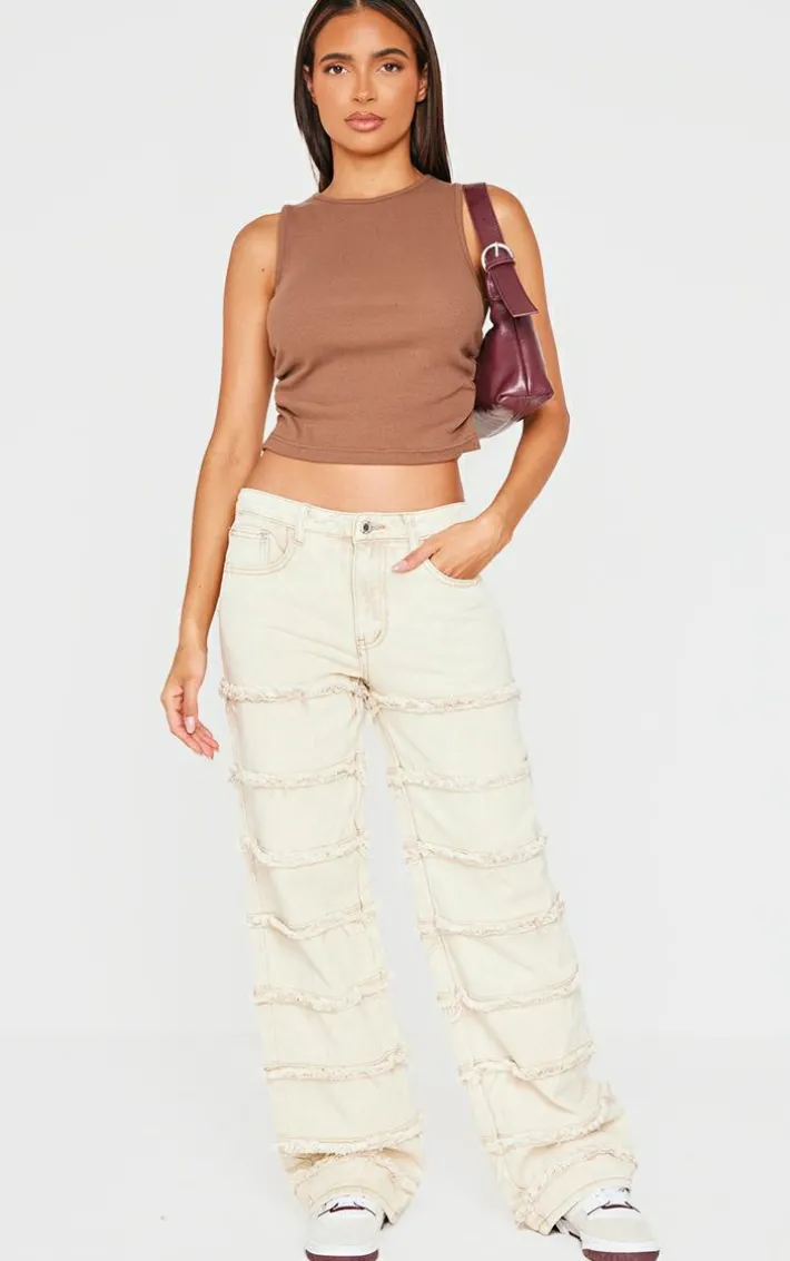 Washed Stone Frayed Striped Seam Wide Leg Jeans