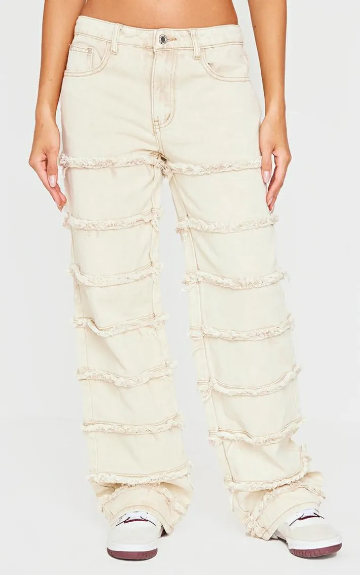 Washed Stone Frayed Striped Seam Wide Leg Jeans