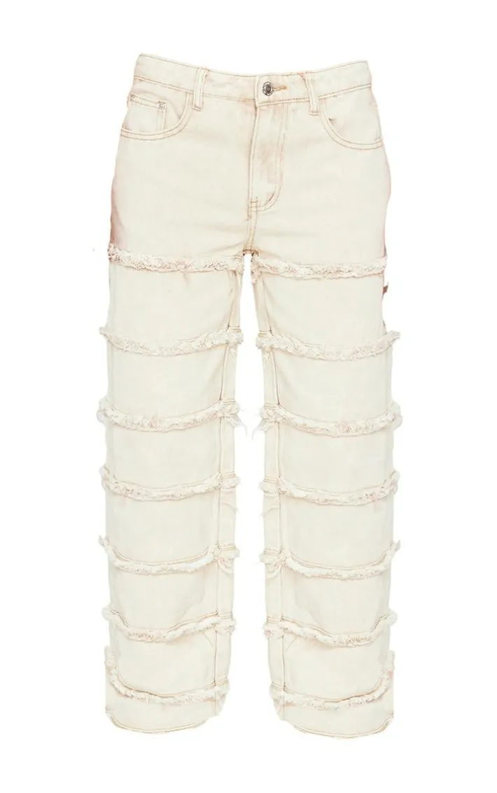 Washed Stone Frayed Striped Seam Wide Leg Jeans