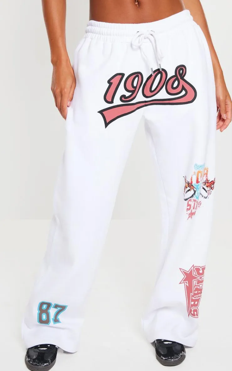 New PrettyLittleThing 1908 Printed Wide Leg Sweatpants White