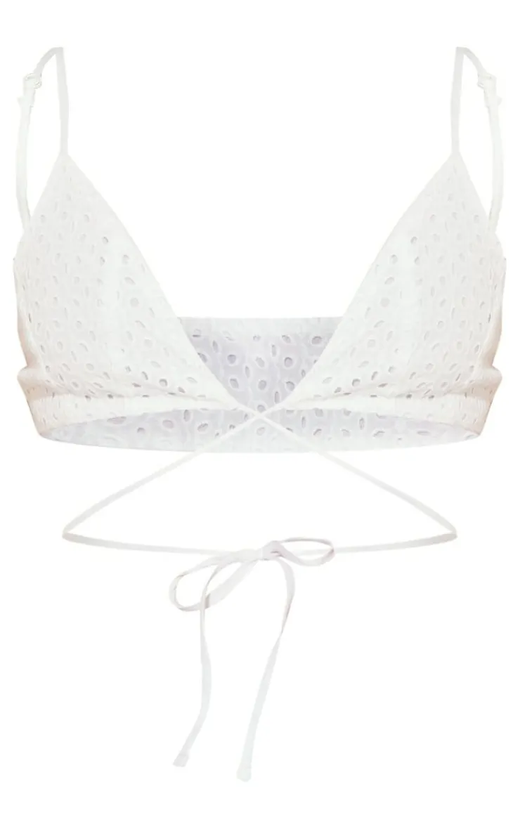 Online PrettyLittleThing Broderie Anglais Tie Front Triangle Bralet White