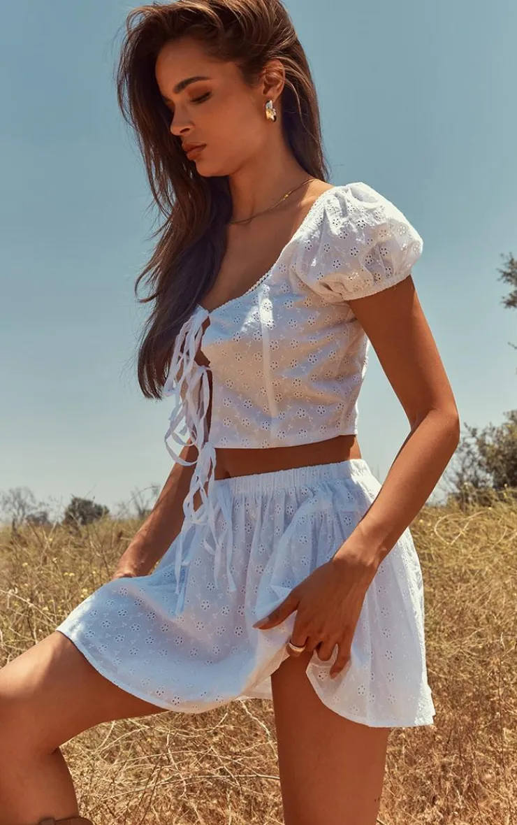 Outlet PrettyLittleThing Broderie Drawstring Floaty Mini Skirt White