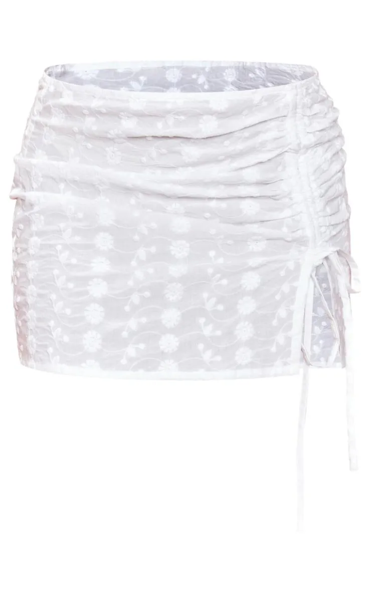 Discount PrettyLittleThing Broderie Ruched Detail Mini Skirt White