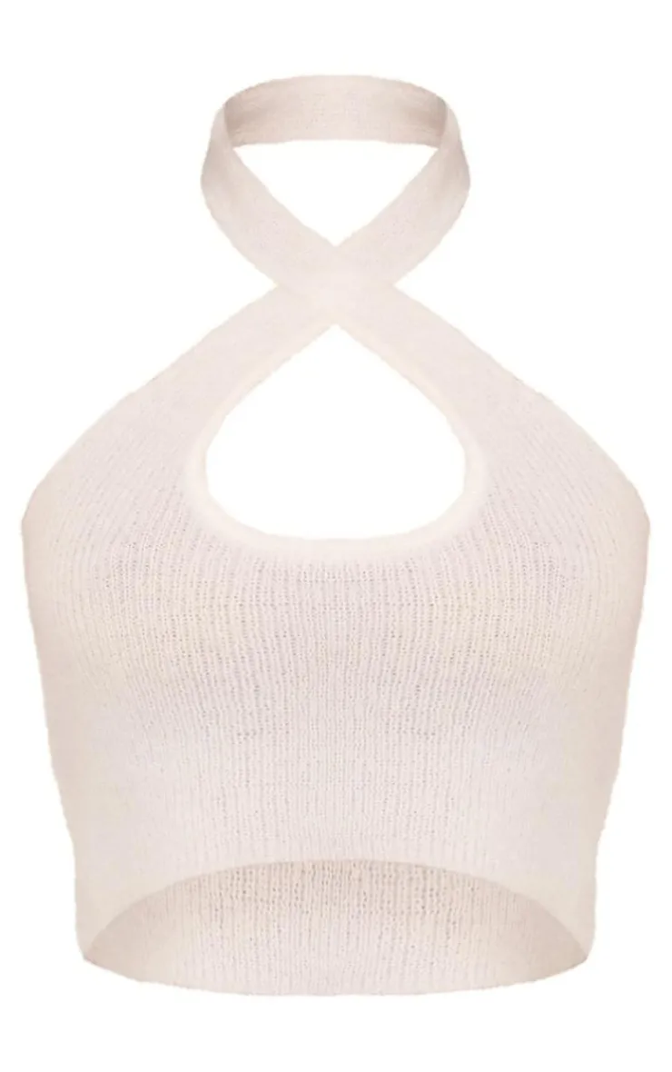 Discount PrettyLittleThing Candyfloss Knit Cross Front Crop Top White