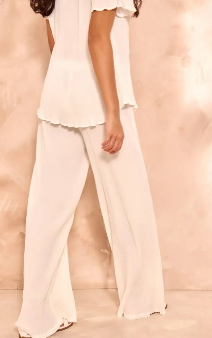 Discount PrettyLittleThing Chiffon Plisse Oversized Wide Leg Pants White