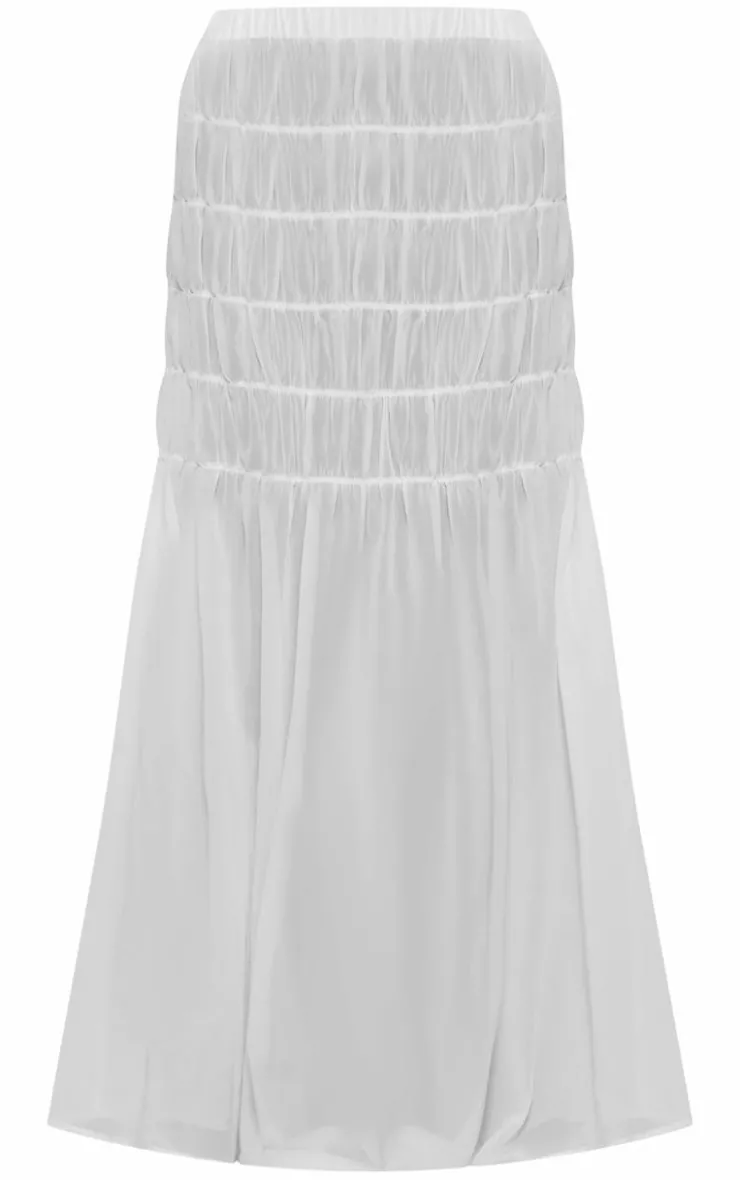 Sale PrettyLittleThing Chiffon Shirred Tier Waist Maxi Skirt White