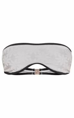 White Contrast Binding Flower Towelling Bandeau Bikini Top