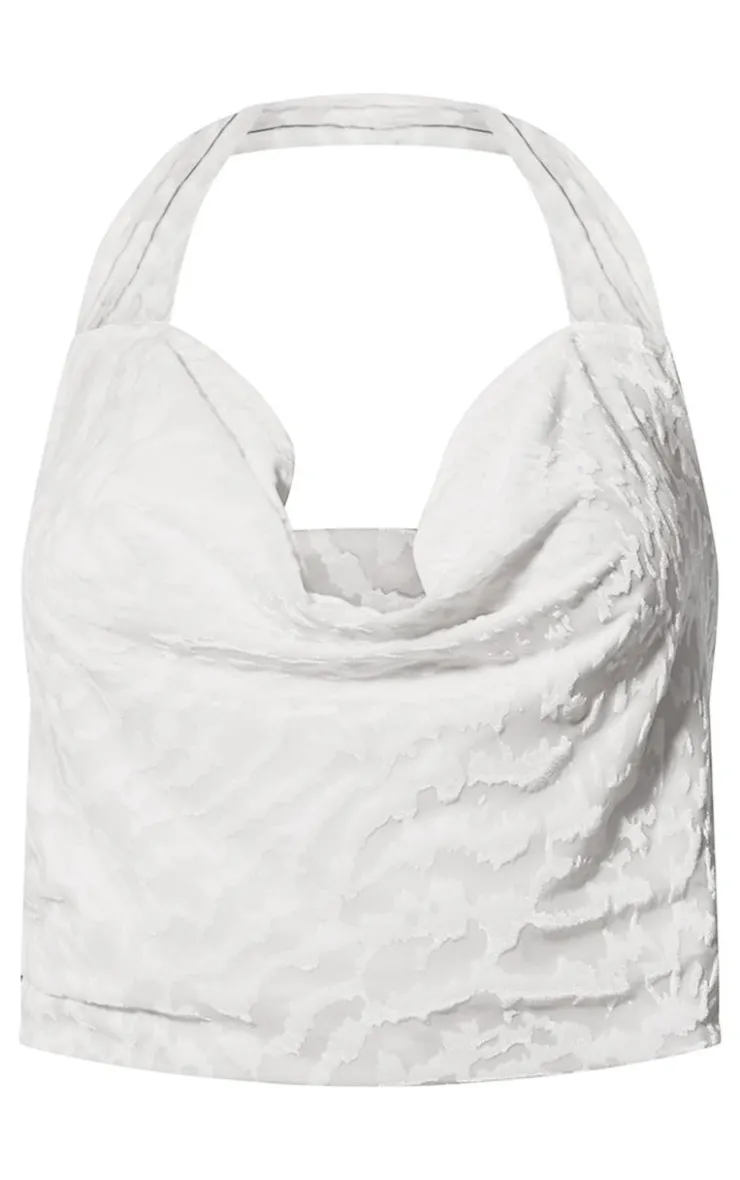 PrettyLittleThing Devore Cowl Halterneck Crop Top White