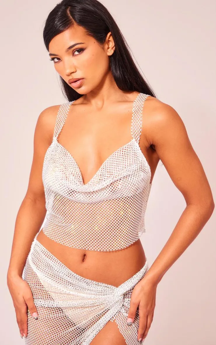 Outlet PrettyLittleThing Diamante Cowl Neck Top White