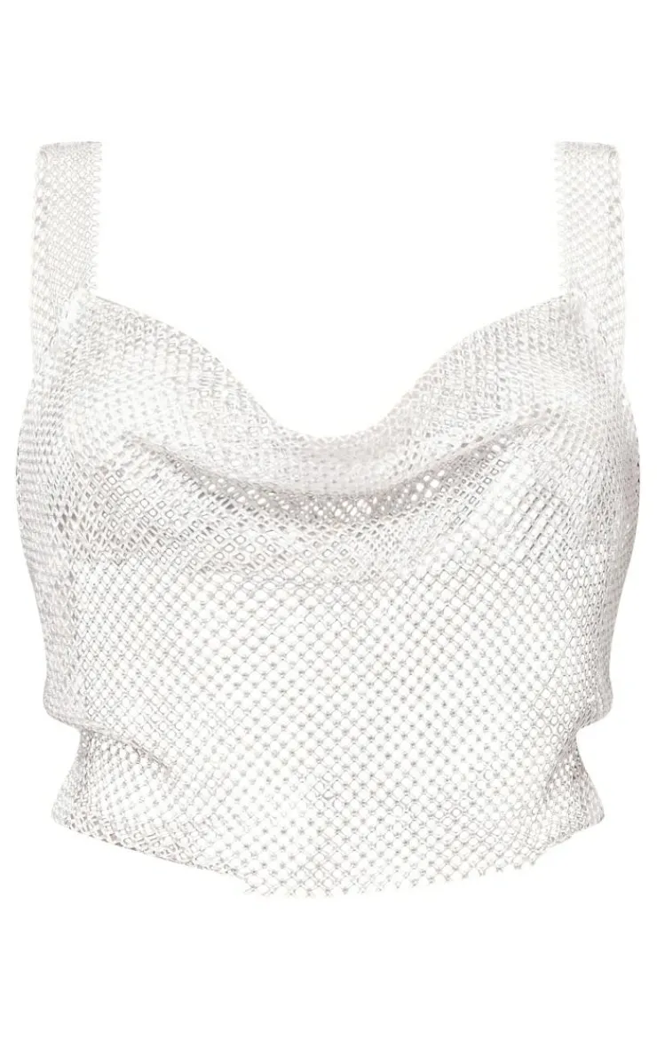 Outlet PrettyLittleThing Diamante Cowl Neck Top White