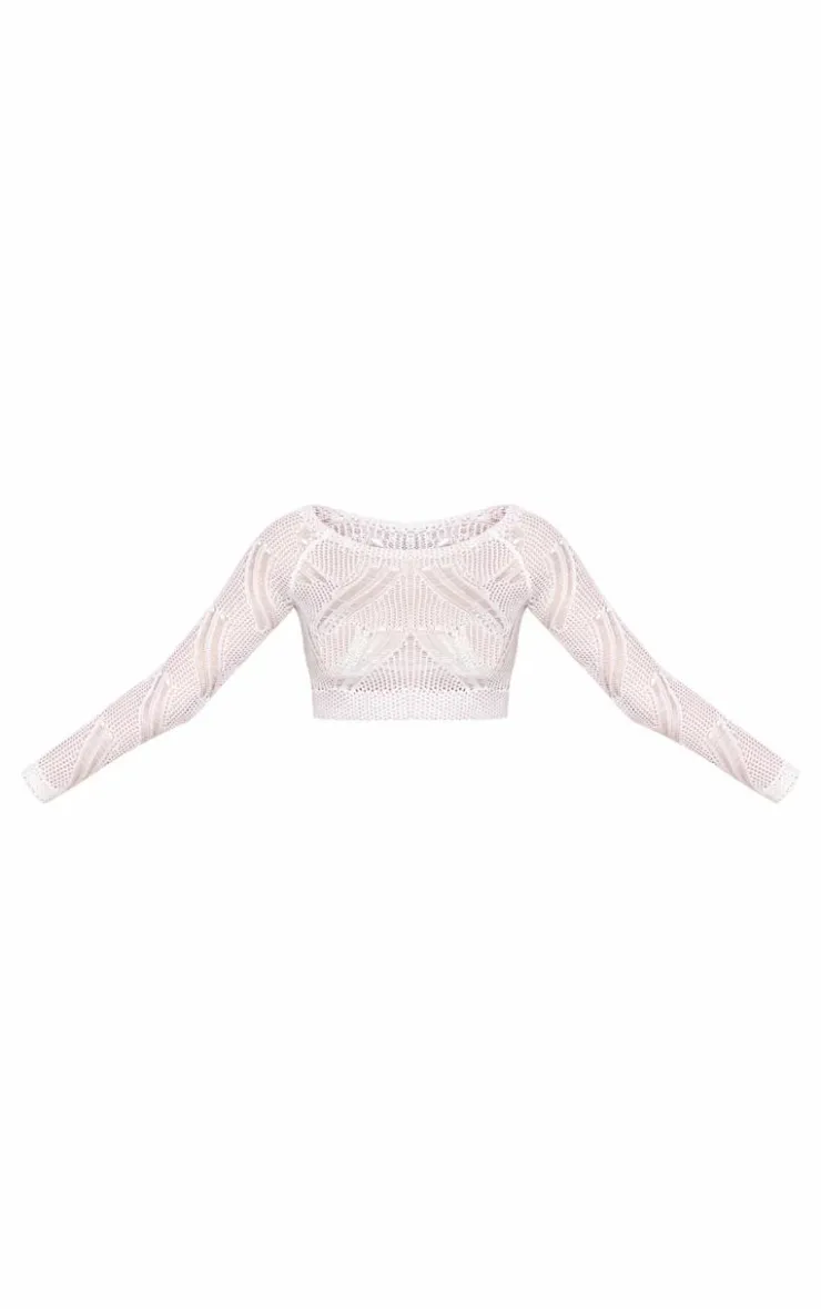 Online PrettyLittleThing Distressed Textured Knit Long Sleeve Crop Top White