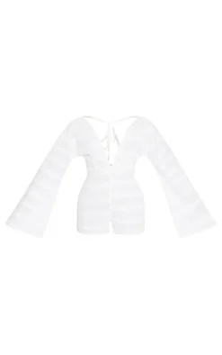 White Dobby Textured Flare Sleeve Plunge Romper