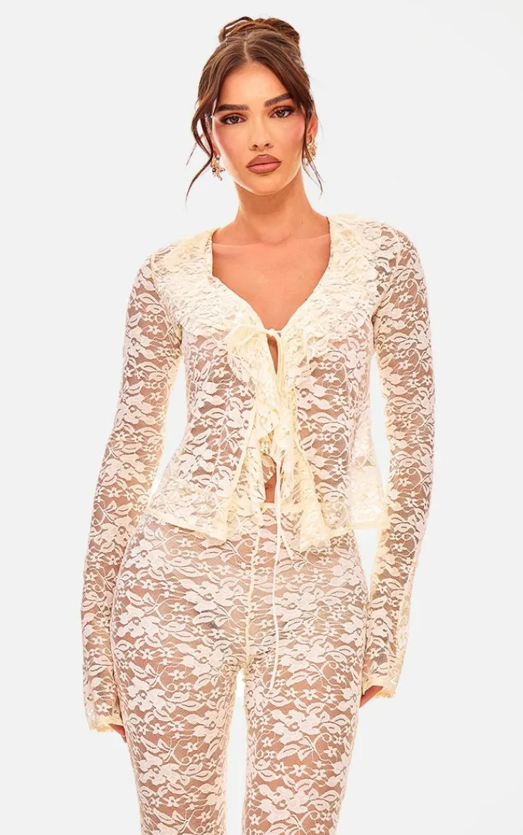 PrettyLittleThing Shirts*Floral Lace Ruffle Tie Front Shirt