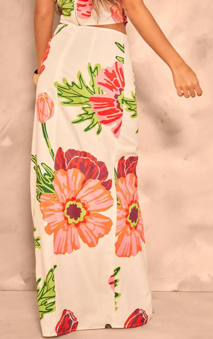 Online PrettyLittleThing Floral Printed Thigh High Split Maxi Skirt White