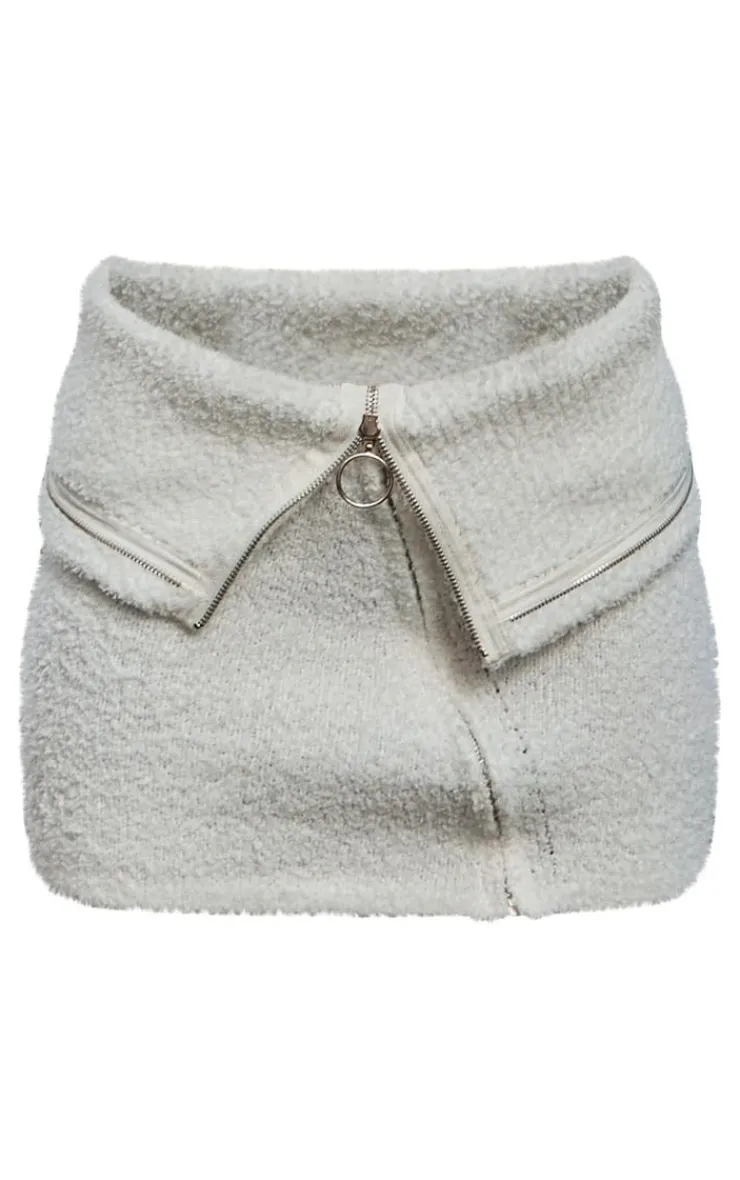 PrettyLittleThing Fluffy Knit Fold Over Zipped Mini Skirt White