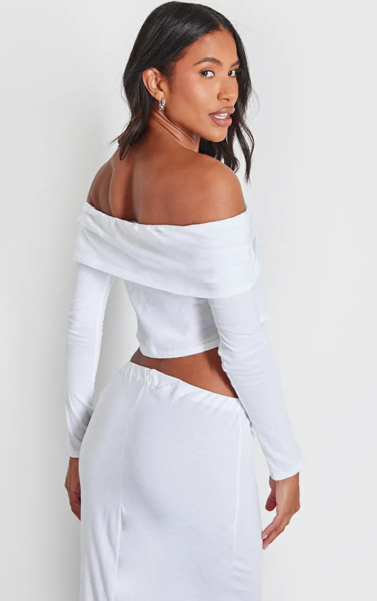 PrettyLittleThing Foldover Button Detail Off The Shoulder Top White