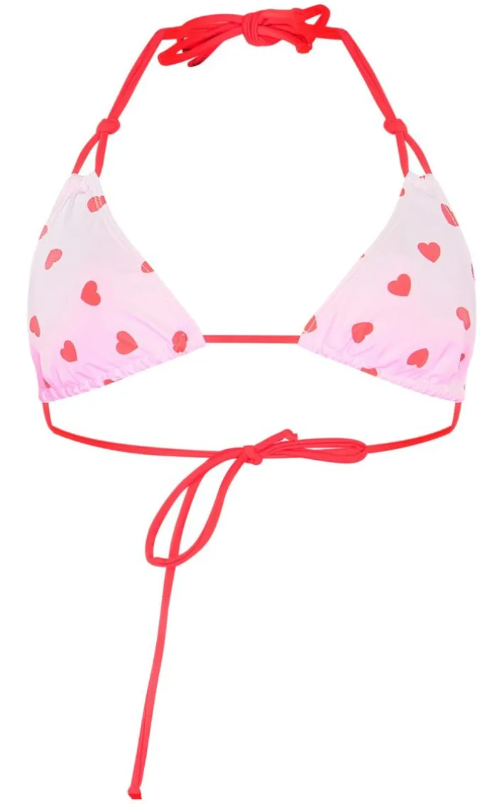 White Heart Print Triangle Bikini Top