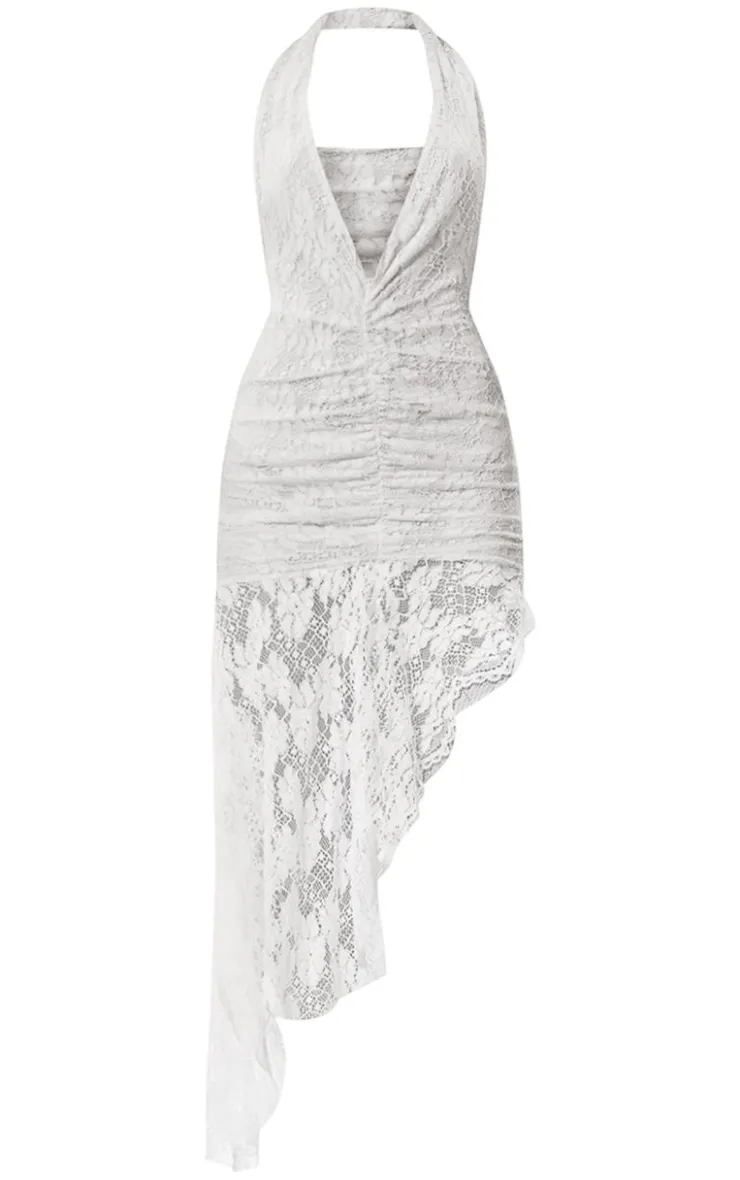 Lace Plunge Neck Ruched Asymmetric Hem Midi Dress-PrettyLittleThing Online