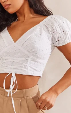 White Lace Up Front Broderie Crop Top
