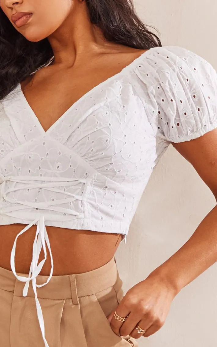 White Lace Up Front Broderie Crop Top