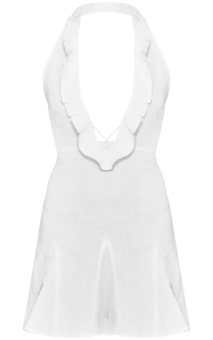 Linen Frill Neck Cross Front Mini Dress-PrettyLittleThing New