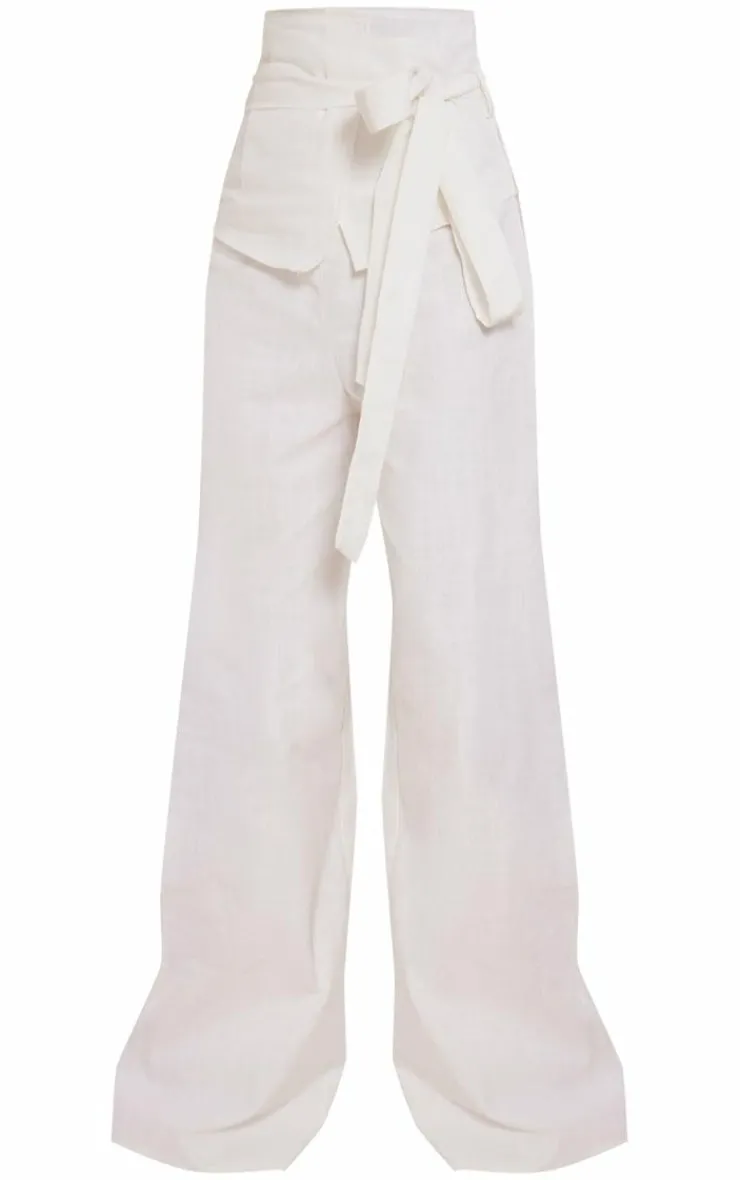 Online PrettyLittleThing Linen Look Oversized Belted High Waisted Wide Leg Pants White