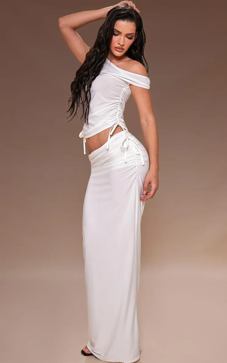 Hot PrettyLittleThing Matte Touch One Shoulder Ruched Tie Top White