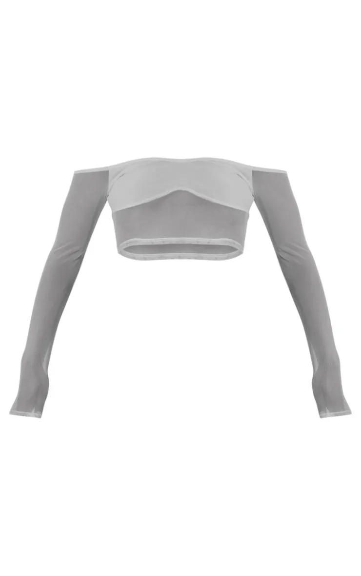 PrettyLittleThing Mesh Bardot Long Sleeve Crop Top White