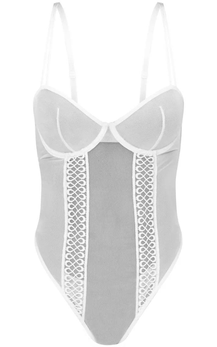 White Mesh Textured Panel Lingerie Bodysuit