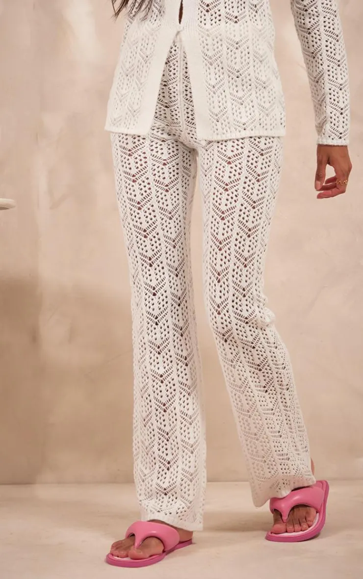 Online PrettyLittleThing Open Crochet Knit Pants White