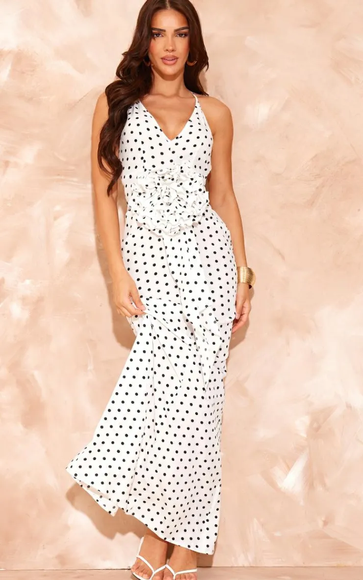 Polka Dot Satin Rose Detail Maxi Dress-PrettyLittleThing
