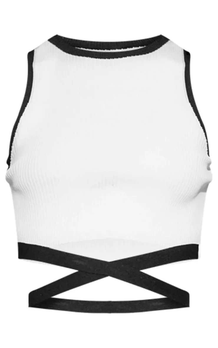 Outlet PrettyLittleThing Rib Knit Contrast Detailing Racer Neck Crop Top White