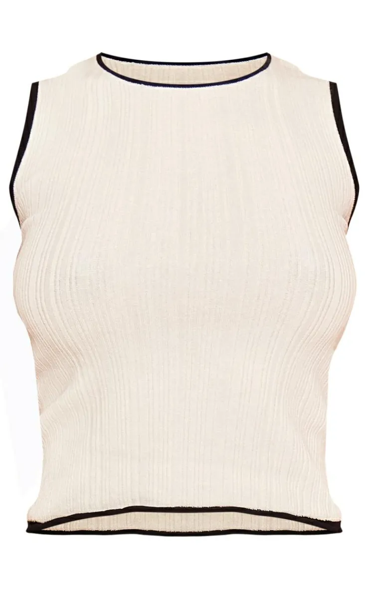 Hot PrettyLittleThing Ribbed Knit Constrast Hem Crop Top White