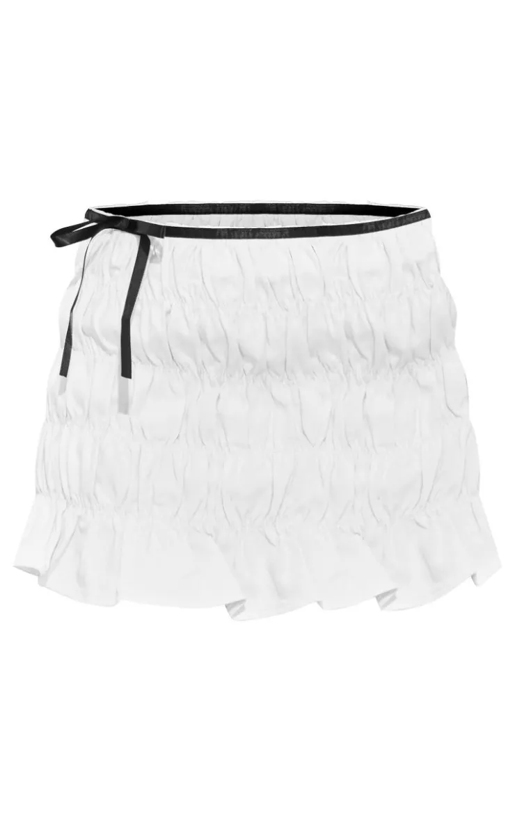 Outlet PrettyLittleThing Ribbon Detail Ruched Denim Mini Skirt White