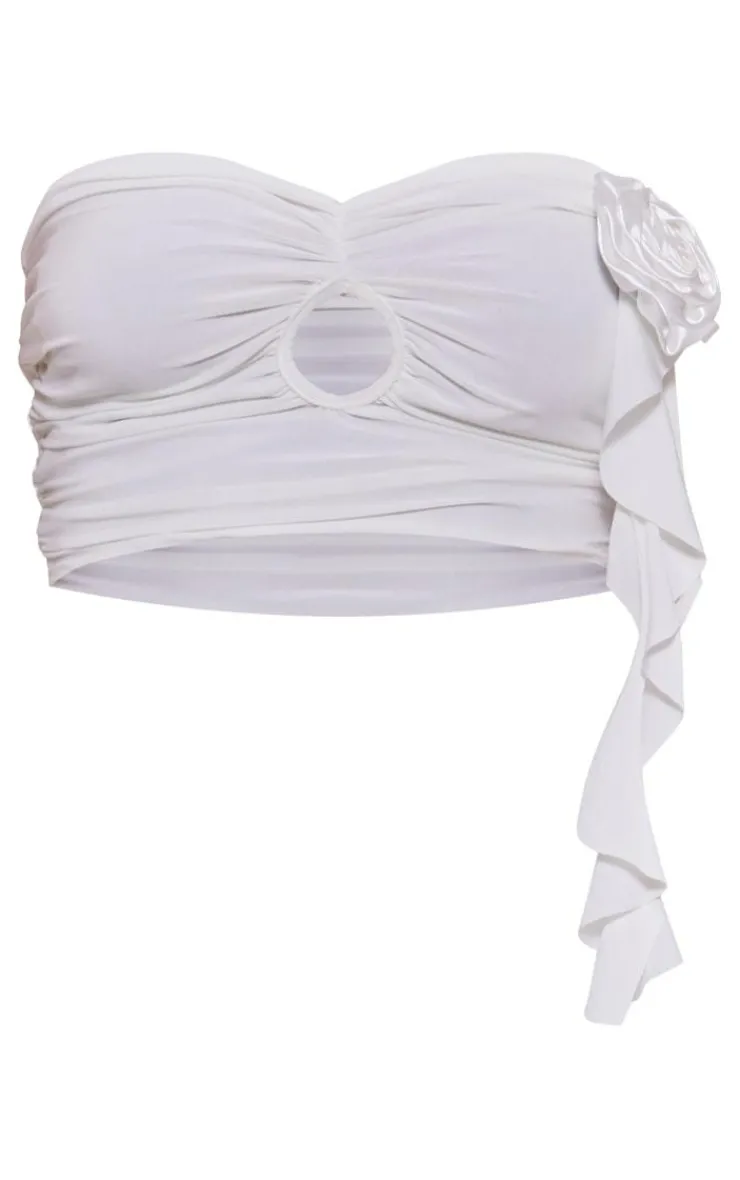 Outlet PrettyLittleThing Rose Applique Slinky Ruched Bandeau Top White