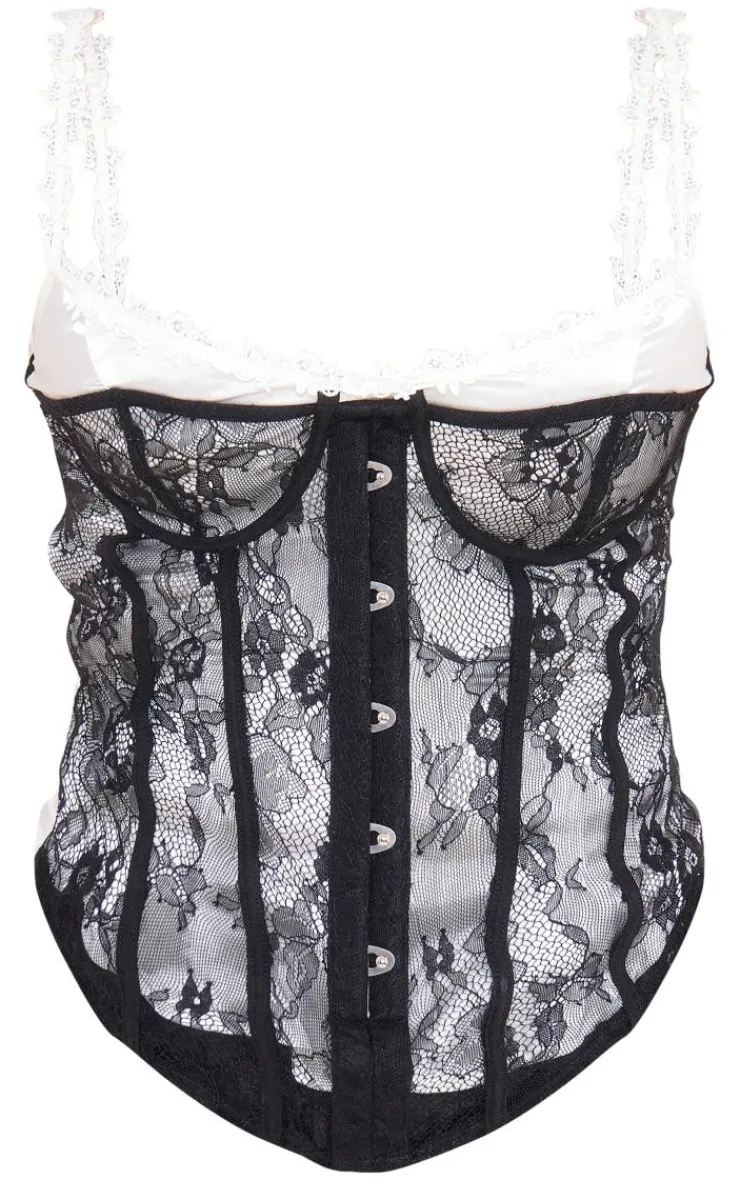 Satin Floral Trim Lace Overlay Corset-PrettyLittleThing Discount