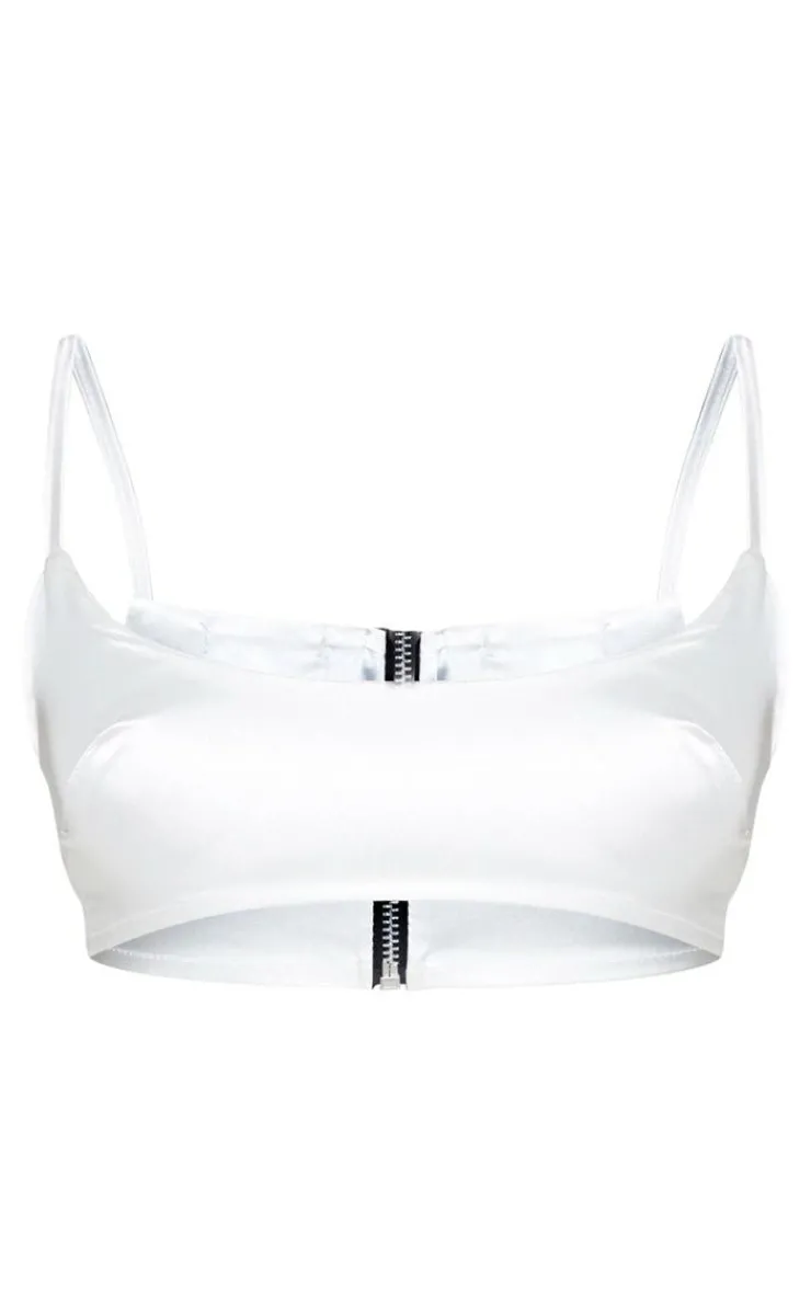 Discount PrettyLittleThing Satin Scoop Neck Crop Top White
