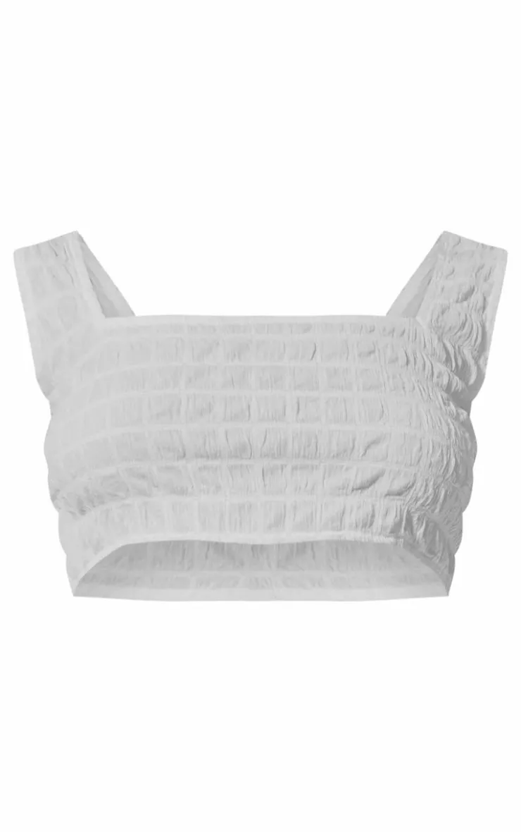 Outlet PrettyLittleThing Seersucker Texture Square Neck Crop Top White