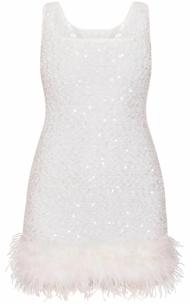 Sequin Scoop Neck Feather Hem Shift Dress-PrettyLittleThing New